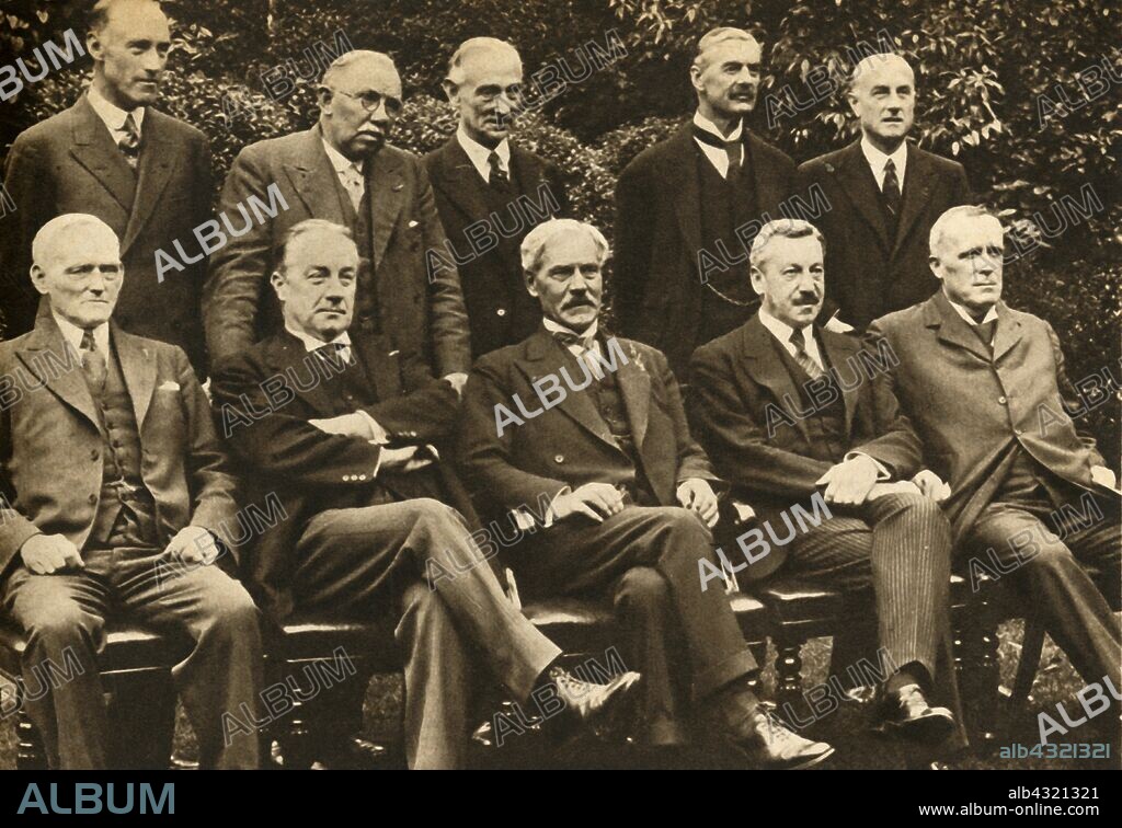 'Cabinet of the National Government', 1931, (1933). Group portrait of British politicians in the newly formed National Government which contained members of the Conservative Party, Liberals, Liberal Nationals and National Labour, as well as individuals who belonged to no political party. Top row: Sir Philip Cunliffe-Lister, JH Thomas, John Simon, Neville Chamberlain, Sir Samuel Hoare. Bottom row: Philip Snowden, Stanley Baldwin, Prime Minister Ramsay MacDonald, Sir Herbert Samuel and John Sankey. From "The Pageant of the Century". [Odhams Press Ltd, 1933].