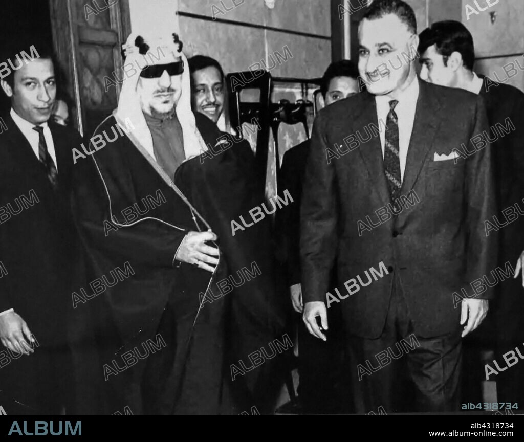 President Gamal Nasser of Egypt with Saud bin Abdul-Aziz Al Saud (1902 - 1969), King of Saudi Arabia from 1953 to 1964.