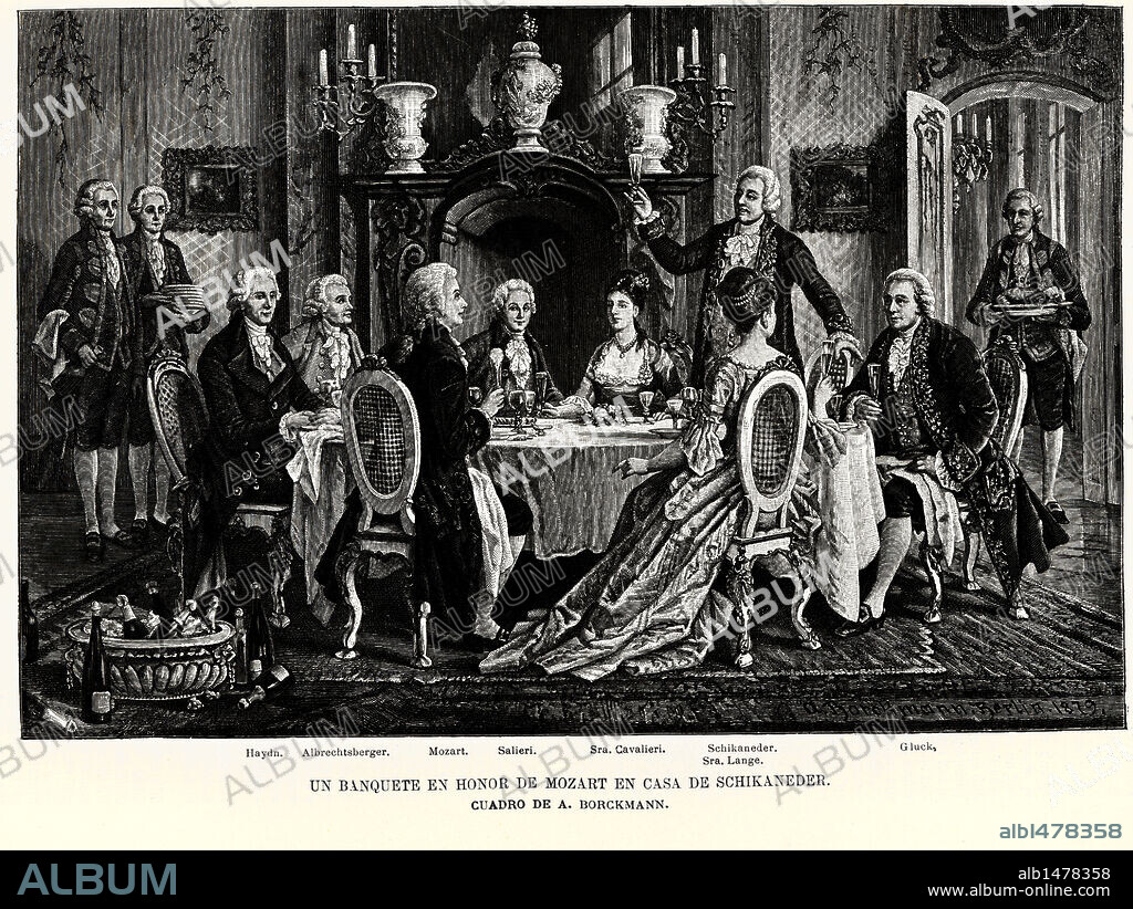 Banquete en honor de Johann Wolfgang Amadeus Mozart (Salzburg, 1756-Viena, 1791), compositor austríaco; le acompañan Haydn, Albrechtaberger, Salieri, Sra. Cavalieri, Schikaneder, Sra. Lange, y Gluck. Grabado de 1879.
