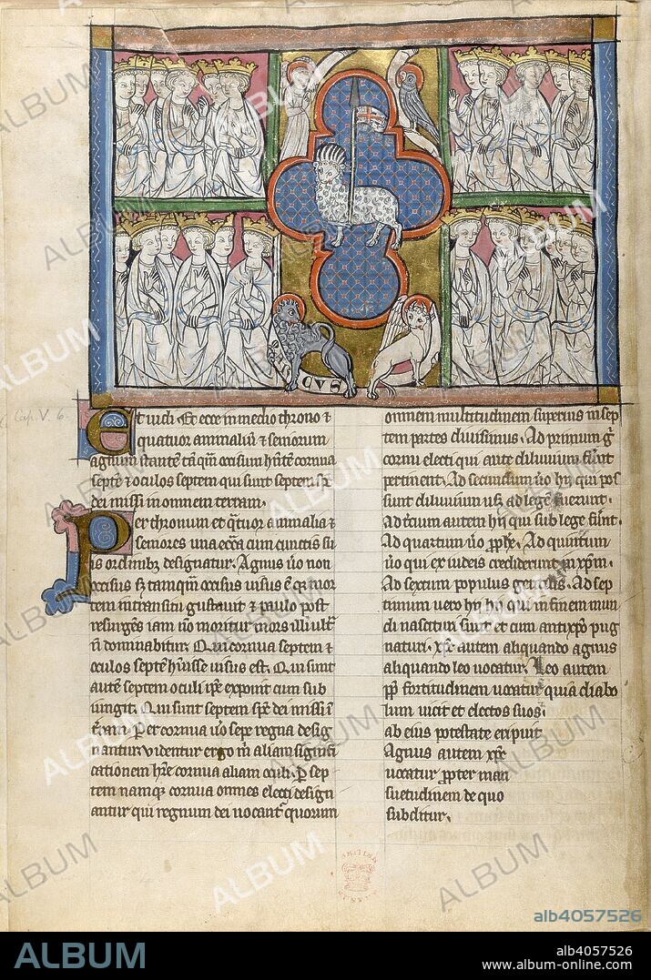 The Lamb is adored by the elders. Apocalypse. France; 14th century. [Whole folio] The seven-horned Lamb, with spear and standard, in a quatrefoil surrounded by the symbols of the evangelists. On either side, two rows of seated kings. Book of Revelation, chapter 5, 6  Image taken from Apocalypse.  Originally published/produced in France; 14th century. . Source: Add. 22493, f.2v. Language: Latin.