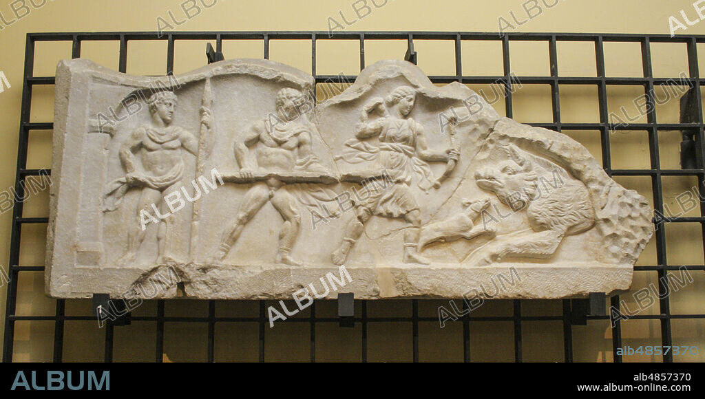 Santa Maria Capua a Vetere, Province of Caserta, Campania, Italy, Europe. Campanian amphitheatre (Anfiteatro Campano). The Gladiator Museum (Museo dei gladiatori), bas-relief reproducing a hunting scene from the amphitheater, Caccia Caledonia (Caledonian hunting).