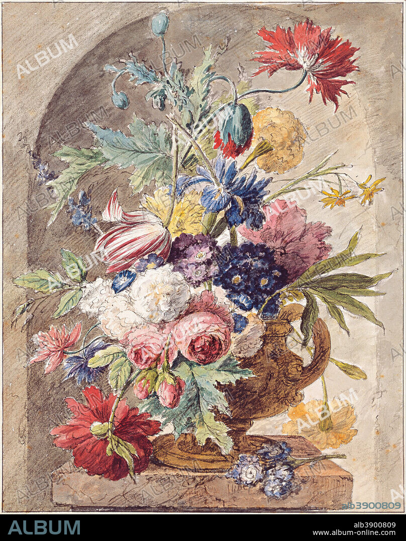 JAN VAN HUYSUM. Flower Still Life, c. 1734. Date/Period: Ca. 1734. Drawing. Black chalk, pen and brown ink, watercolor.