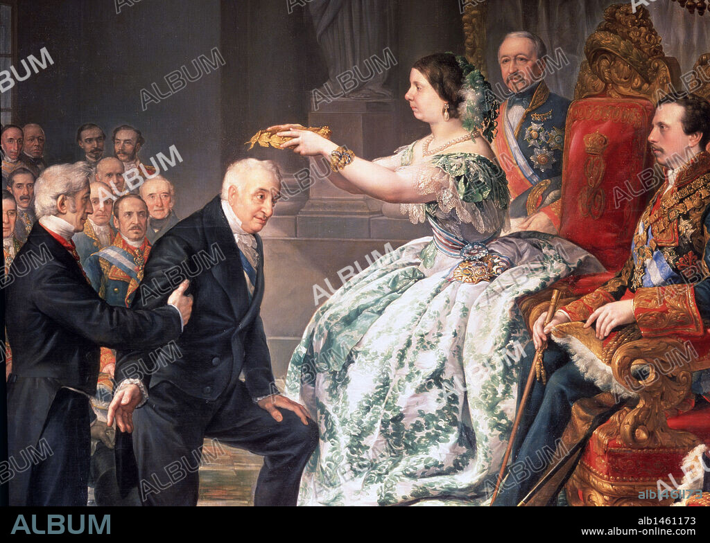 ISABEL II (Madrid,1830-París,1904). "CORONACION". Oleo de L. LOPEZ PIQUER. La Reina de España coronando públicamente al escritor español Manuel José QUINTANA (1772-1857) en el año 1855.