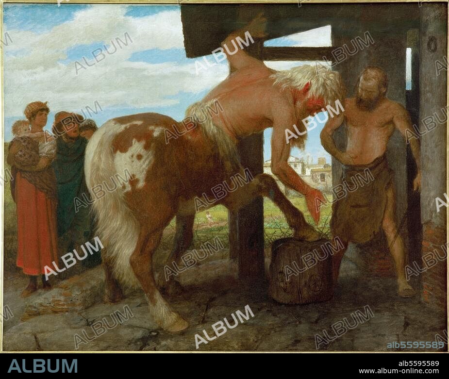 ARNOLD BOECKLIN. Böcklin, Arnold, 1827-1901, Swiss painter. "Kentaur in der Dorfschmiede" (Centaur in the village smithy), 1888. On wood, 80 × 100 cm. Budapest, Szepmüveszeti Muzeum.