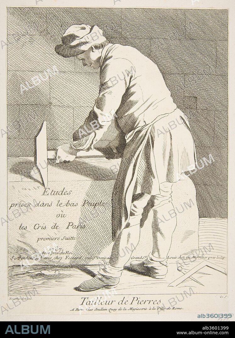 COMTE DE CAYLUS ANNE CLAUDE PHILIPPE DE TUBIèRES y AFTER EDME BOUCHARDON. Stone Cutter. Artist: Anne Claude Philippe de Tubières, comte de Caylus (French, Paris 1692-1765 Paris); After Edme Bouchardon (French, Chaumont 1698-1762 Paris). Dimensions: Image: 8 11/16 x 6 5/8 in. (22 x 16.9 cm)
Sheet: 9 1/4 x 6 11/16 in. (23.5 x 17 cm). Series/Portfolio: The Cries of Paris
(Études Prises dans le Bas Peuple où les Cris de Paris: Première Suite). Date: 1737.
