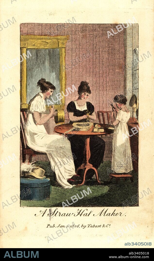 Straw-hat makers, women and girl, sewing hats from braided and plaited straw in a milliner's shop. Handcoloured woodcut engraving from The Book of English Trades and Library of the Useful Arts, Tabart, London, 1810.