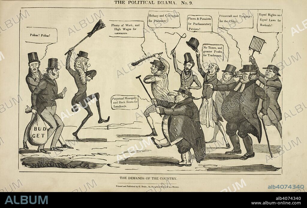 CHARLES JAMESON GRANT. The demands of the country. The Political drama. [A series of caricatures.]. [London] : Printed and published by G. Drake, 12, Houghton Street, Clare Market, [1834-1835.]. Source: HS.74/1630 no.9.