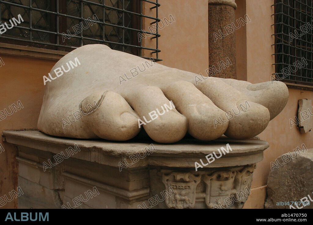 Constantine I, The Great (272-337). Roman Emperor. Best known for beign the first christian roman emperor. Foot of Constantine's colossal Statue at the Capitoline Museums. Rome. Italy.