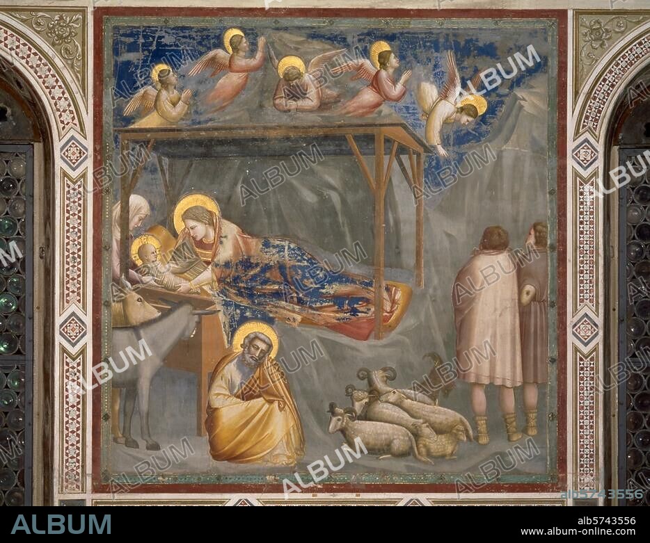 Giotto di Bondone. 1266-1337. "La Nativité", vers 1303/05. Fresque, H. 2,00; L. 1,85. Du cycle des histoires du Christ. Padoue, Chapelle Scrovegni (dite aussi Chapelle de l'Arena), paroi de droite, zone centrale, première scène.