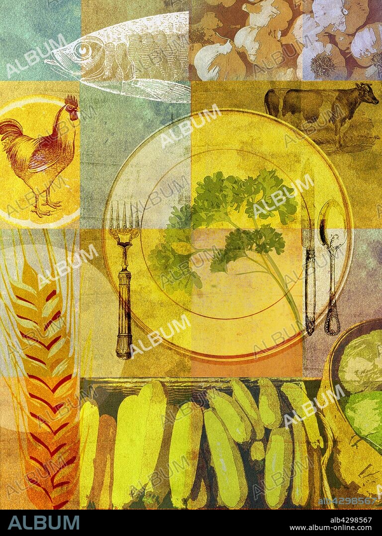 Collage of healthy food and place setting.