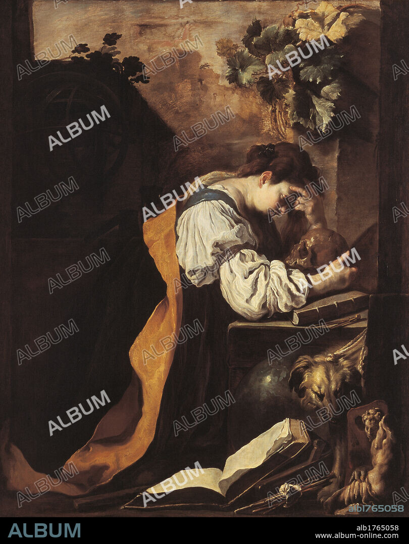 Melancholy or Meditation, by Domenico Fetti, 1618-1622 about, 17th Century, oil on canvas, cm 179 x 140. Italy, Veneto, Venice, Accademia Art Galleries. All. Woman white dress green mantle cloak orange meditation skull book fingers forehead ivy brushes statue dog. Authorization required for non editorial use.