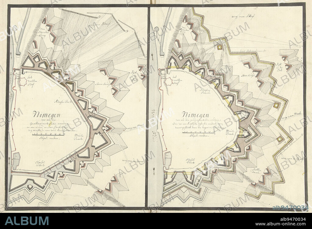 Two plans of Nijmegen, ca. 1701-1715, Landsberg, 1701 - 1715, Sheet with two plans of fortifications around the city of Nijmegen, ca. 1701-1715. On the left a depiction of how the city could be taken by the enemy in a short time, on the right a proposal for adjustments to the ramparts to make this impossible. Part of a collection of drawn plans of fortified towns in the Netherlands and surrounding countries at the time of the War of the Spanish Succession (part B)., draughtsman: Landsberg, (mentioned on object), Netherlands, 1701 - 1715, paper, h 372 mm × w 540 mm.