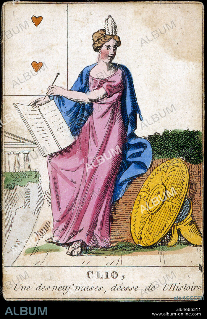 CLIO, une des neuf muses, deesse de l'Histoire dans la mythologie grecque. Jeu de cartes mythologiques debut XIXeme siecle, vers 1810. Collection IM/KHARBINE-TAPABOR.