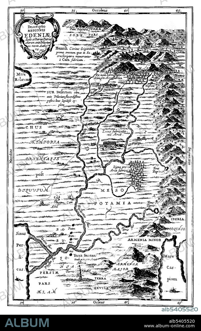 Map of Ediniae: comprising of Ethiopia, Mesopotamia, etc. The Garden of Eden is considered to be mythological by most scholars. However there have been suggestions for its supposed location: for example, at the head of the Persian Gulf, in southern Mesopotamia (now Iraq) where the Tigris and Euphrates rivers run into the sea; and in the Armenian Highlands or Armenian Plateau. No artist credited, undated.