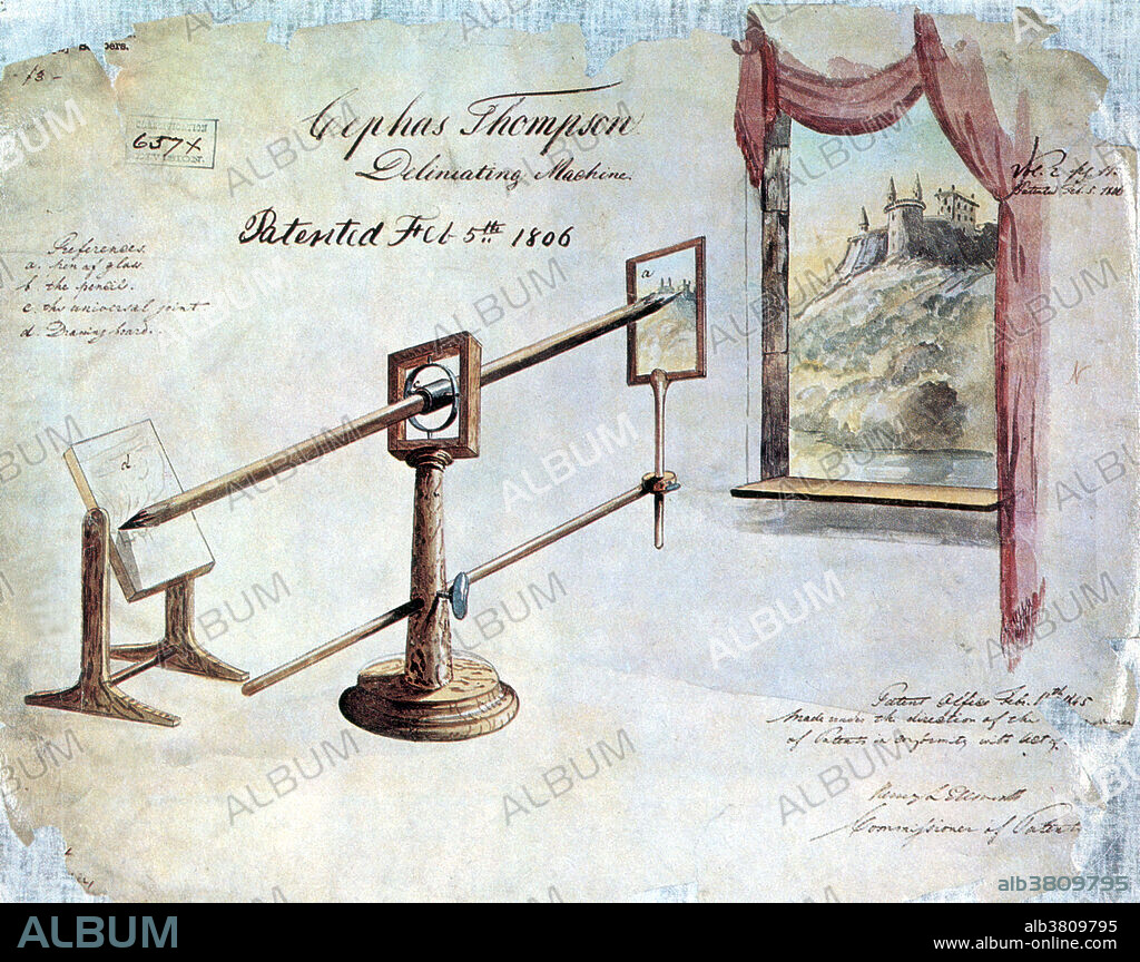 An unknown draftsman in 1845 delicately invoked the spirit and appearance of Cephas Thompson Delineating Machine, patented in 1806, which was to be used for copying charts, landscapes, and entire paintings. Most of the patents prior to 1836 were lost in the December 1836 fire. Only about 2,000 of the almost 10,000 documents were recovered. Little is known about this patent. To delineate means to trace the outline of; sketch or trace in outline; represent pictorially. Only the patent drawing is available. Cephas Thompson (July 1, 1775 - November 6, 1856) was a successful, self-taught, early 19th century portrait painter in the United States, who was born, died, and lived most of his life in Middleborough, Massachusetts.