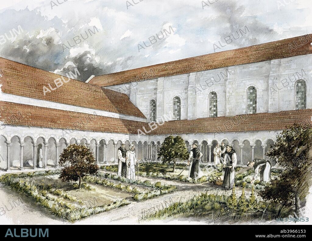 PETER DUNN. Rievaulx Abbey, mid 13th century, (c1990-2010). Reconstruction drawing of the infirmary cloister in the mid 13th century. A former Cistercian abbey in Rievaulx, near Helmsley in the North York Moors National Park, North Yorkshire, England.  It was one of the wealthiest abbeys in England until it was dissolved by Henry VIII of England in 1538.