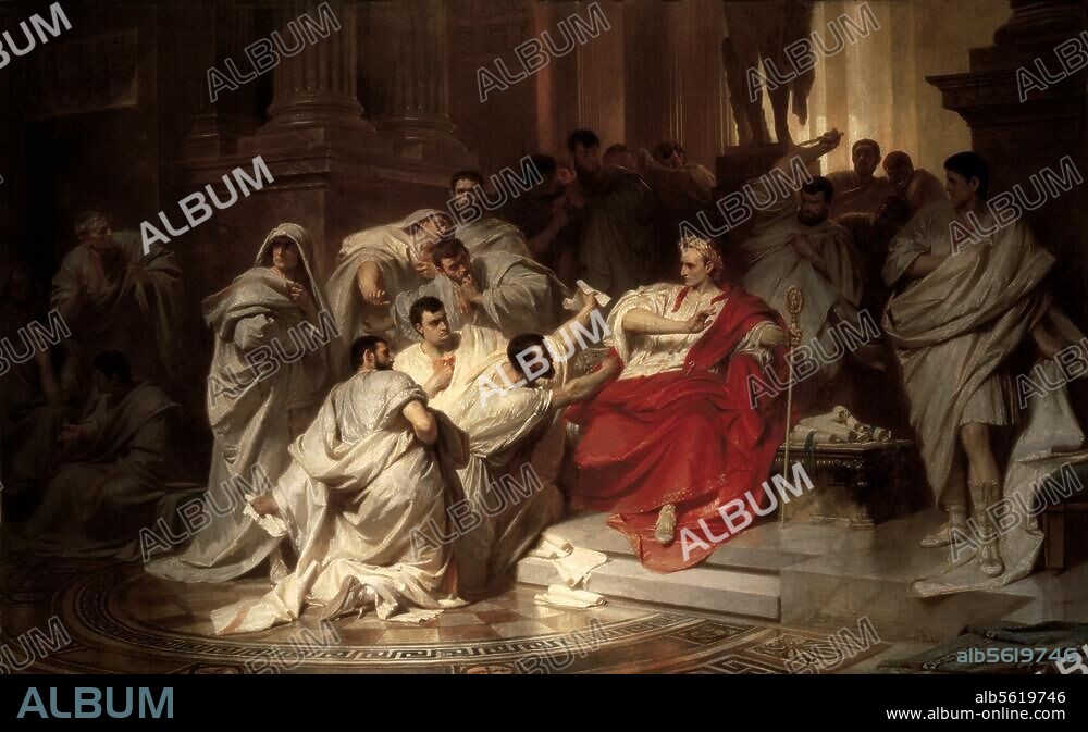 Jules César, général et homme d'État romain ; 11-44 av. J.-C. "L'Assassinat de César". Peinture de Karl Theodor von Piloty, 1865. Huile sur toile, H. 1,49 ; L. 2,38. Hanovre, Niedersächsisches Landesmuseum.