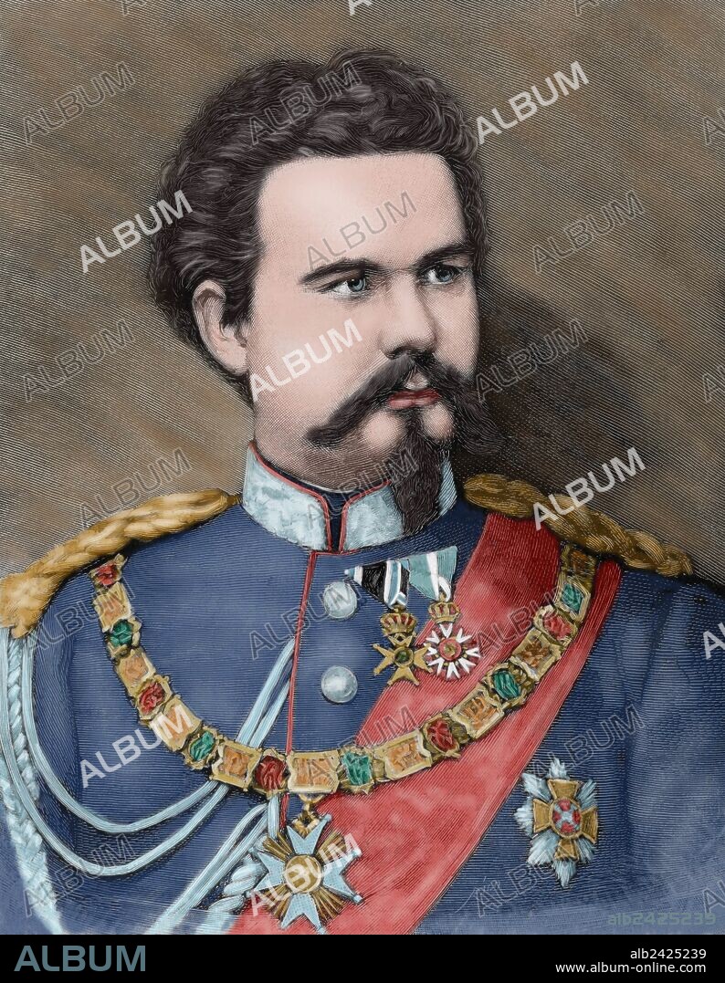 Ludwig II of Bavaria (1845-1886). King of Bavaria from 1864 until his death. Engraving by Rico. Historia Univesal, 1885. Colored.