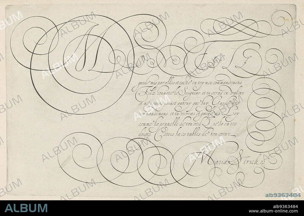 Writing sample with capital MSchat oft voorbeelt ende verthooninge van verscheyden geschriften (...) (series title), Writing sample in French with capital M and seven lines of text: Mon fils (...). Framed by calligraphic scrollwork. The print is part of an album., print maker: Hans Strick, designer: Maria Strick (mentioned on object), Rotterdam, 1618, paper, engraving, height 199 mm × width 297 mm.