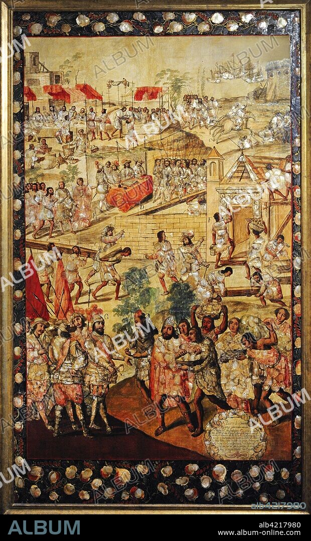 The Conquest of Mexico (1519-1521). Scenes: A- Port of Vera Cruz, B- Cortes dining with two ambassadors of Moctezuma, C- The horses run and the ambassadors are admired, D- Hernan Cortes appoints ordinary mayors of the town, E- La Malinche makes the Totonac understand who Cortes is, F- Construction of the Villa Rica where Totonac indians help. G- Entrance of Hernan Cortes in Zempuala where he is received by the "Cacique Gordo". Table belonging to a set of 6 made with the "enconchado" technique. Anonymous author. Oil and nacre. 1676-1700. Mexican School. Viceroyalty of New Spain. Mexico. Museum of the Americas. Madrid, Spain.