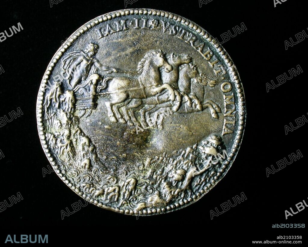NUMISMATICA. MEDALLA MODERNA. DE FELIPE II, POR JACOME TREZZO. REVERSO. CARRO DE APOLO RECORRIENDO EL FIRMAMENTO, Y FONDO DE PAISAJE. 1589. MEDALLA REALIZADA EN OCASION A SU ADVENIMIENTO AL TRONO. (DEPOSITO: MUSEO.
