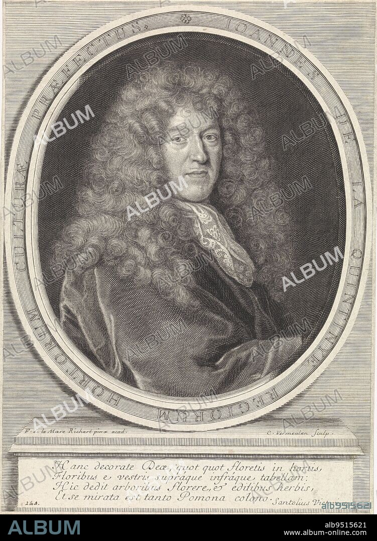 Portrait of Jean-Baptiste de la Quintinye, Cornelis Martinus Vermeulen, after Florent de La Mare-Richart, 1654 - 1709, Portrait of the French garden architect Jean-Baptiste de la Quintinye., print maker: Cornelis Martinus Vermeulen, (mentioned on object), after: Florent de La Mare-Richart, (mentioned on object), Santolius Victorinis, (mentioned on object), Antwerp, 1654 - 1709, paper, engraving, h 232 mm × w 168 mm.