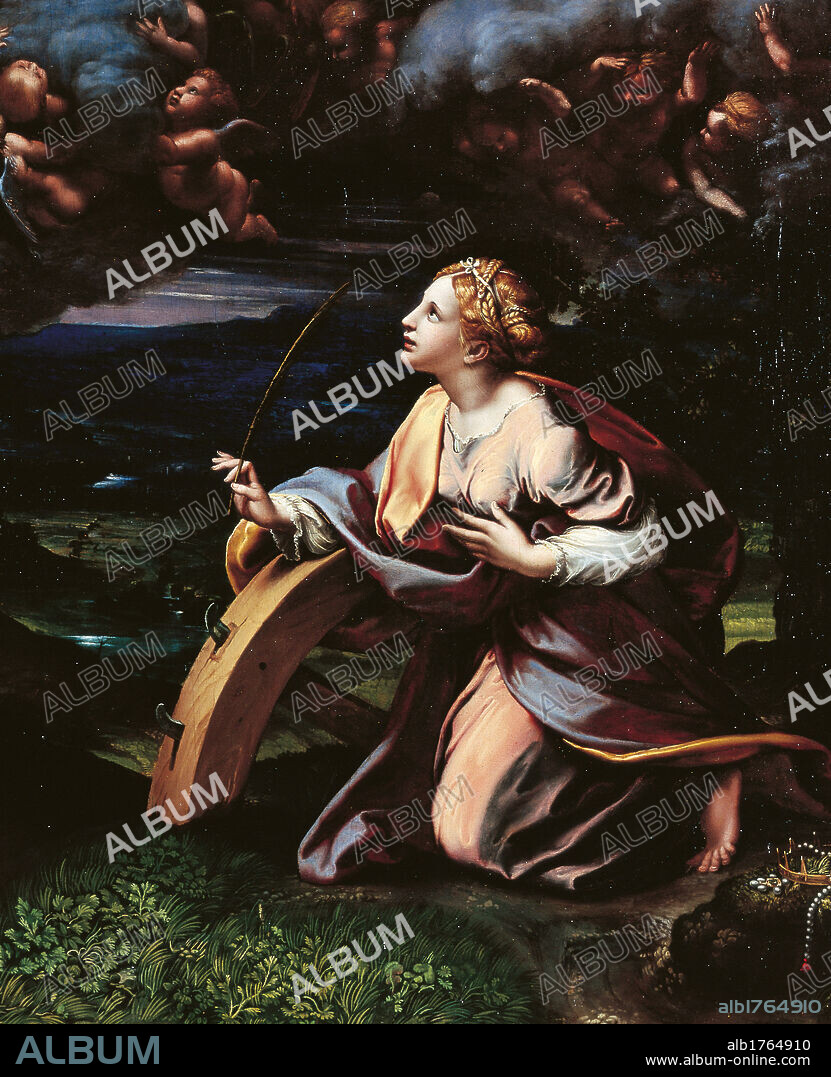 The Deisis with Sts Paul and Catherine, by Giulio Pippi known as Giulio Romano, 1520 about, 16th Century, oil on panel, cm 122 x 98. Italy, Emilia Romagna, Parma, National Gallery. Detail. St Catherine of Alexandria string of pearls bow ribbon tied hair braids toothed wheel purple pink green field view night landscape. Authorization required for non editorial use.