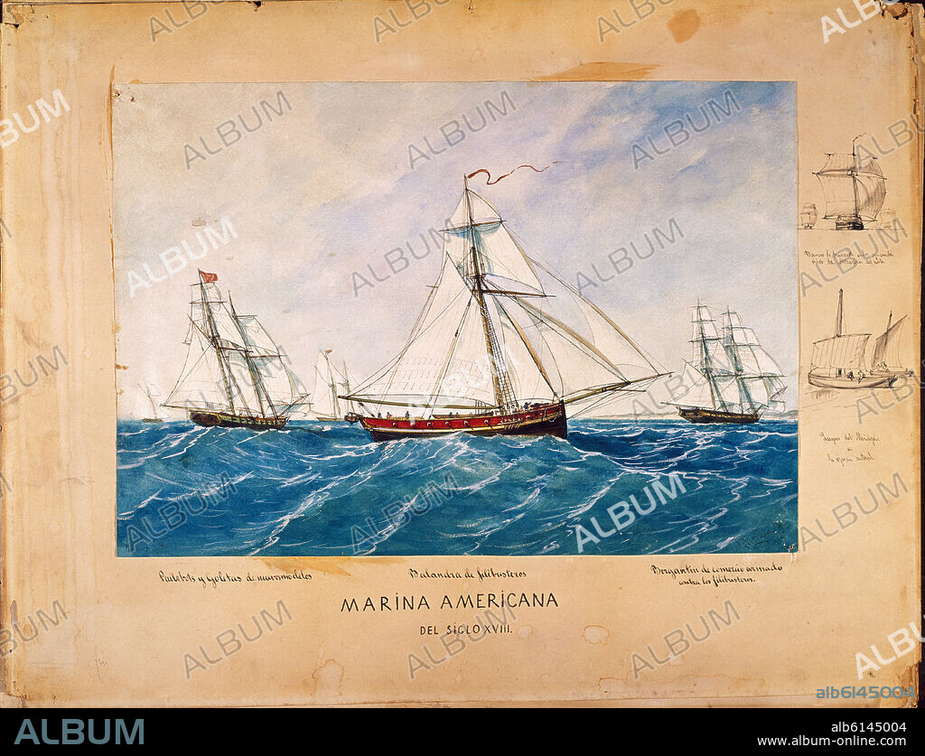 RAFAEL MONLEON. BALANDRA DE FULIBUSTEROS AMERICANA - SIGLO XVIII - BARCO PIRATA - ACUARELA SIGLO XIX.