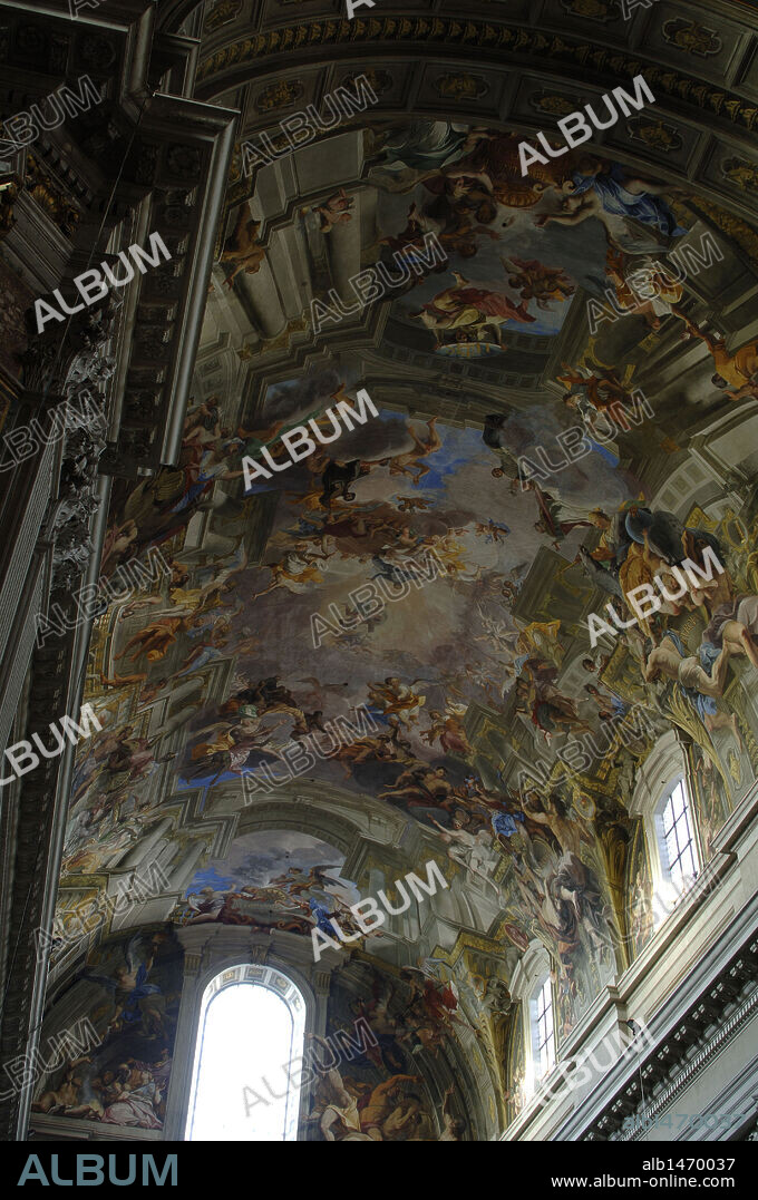 ARTE BARROCO. ITALIA. IGLESIA DE SAN IGNACIO DE LOYOLA. Construída entre los siglos XVII y XVIII. Vista parcial de los FRESCOS de la BOVEDA (1685), obra de Andrea Pozzo (1642-1709) .