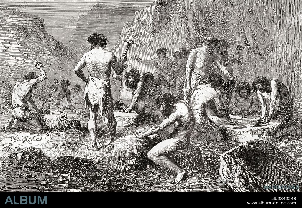 The first workshop of human industry,the manufacture and polishing of flint in Pressigny, France during the Neolithic Age aka New Stone Age or Age of the Polished Stone. From L'Homme Primitif, published 1870.