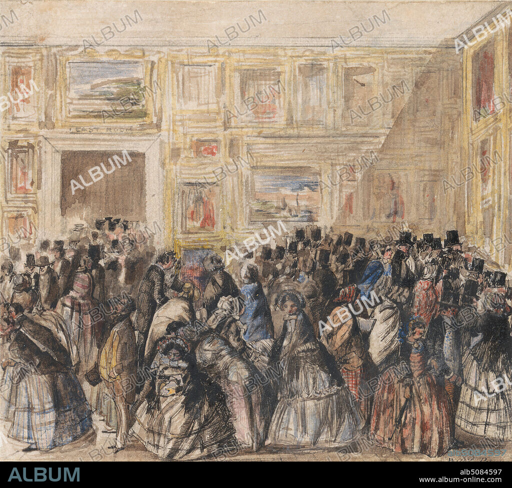 Private View of the Royal Academy, William Payne, active 1850s, British, 1858, Watercolor and graphite with pen and black ink on medium, slightly textured, cream wove paper, Sheet: 3 3/4 × 4 1/8 inches (9.5 × 10.5 cm), art, coats, crowd, dresses, exhibitions, frames (furnishings), gallery, genre subject, gowns, hats, top, paintings, people, skirts (garments), City of Westminster, Greater London, London, Royal Academy.