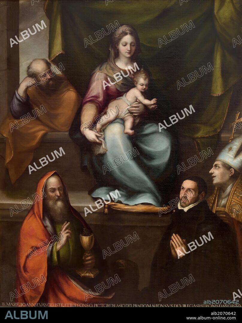 Blas de Prado / 'La Sagrada Familia, San Ildefonso, San Juan Evangelista y el maestro Alonso de Villegas', 1589, Escuela Española, Óleo sobre Lienzo, 209 cm x 165 cm, P01059.