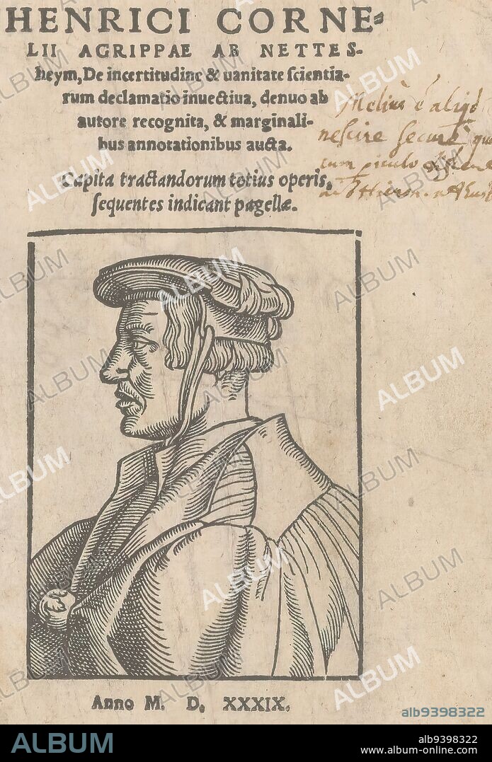 Portrait of Henricus Cornelius Agrippa von Nettesheim, Portrait of Henricus Cornelius Agrippa von Nettesheim in a rectangular frame. In the upper margin his name and six lines of Latin text in letterpress., print maker: anonymous, 1539, paper, letterpress printing, height 140 mm × width 86 mm.