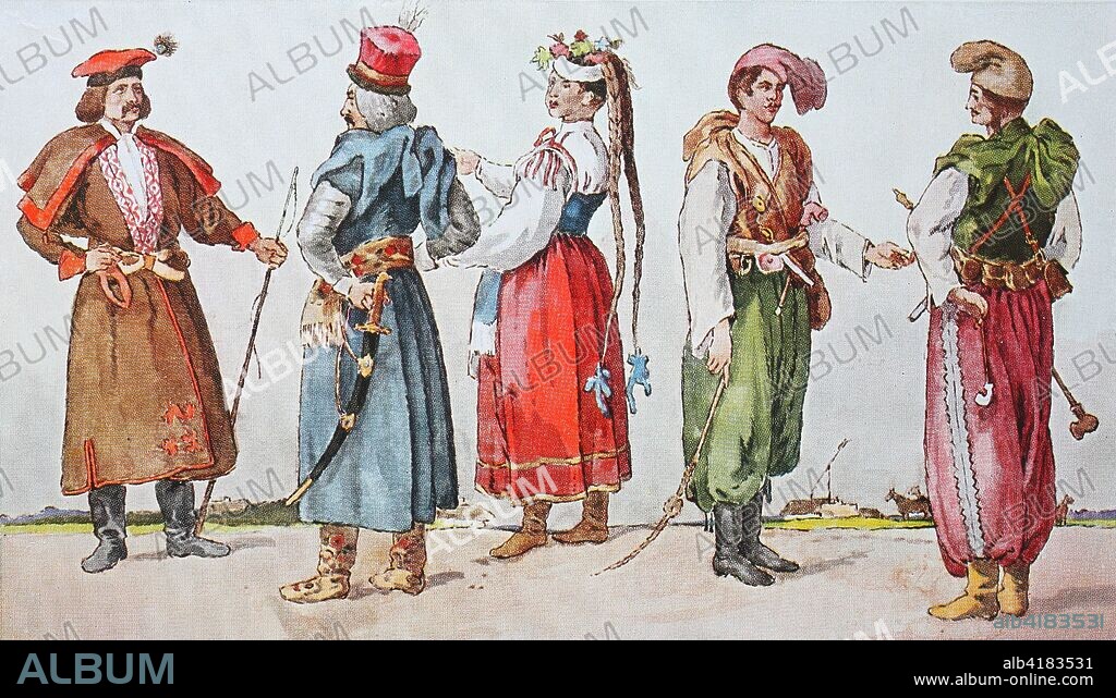 Fashion, clothes in Poland and Ukraine in the 16th - 17th century, from the left, a farmer from the area of Krakow, a Polish nobleman, then a peasant girl and two farmers from the Ukraine, digital improved reproduction from an original from the year 1900.