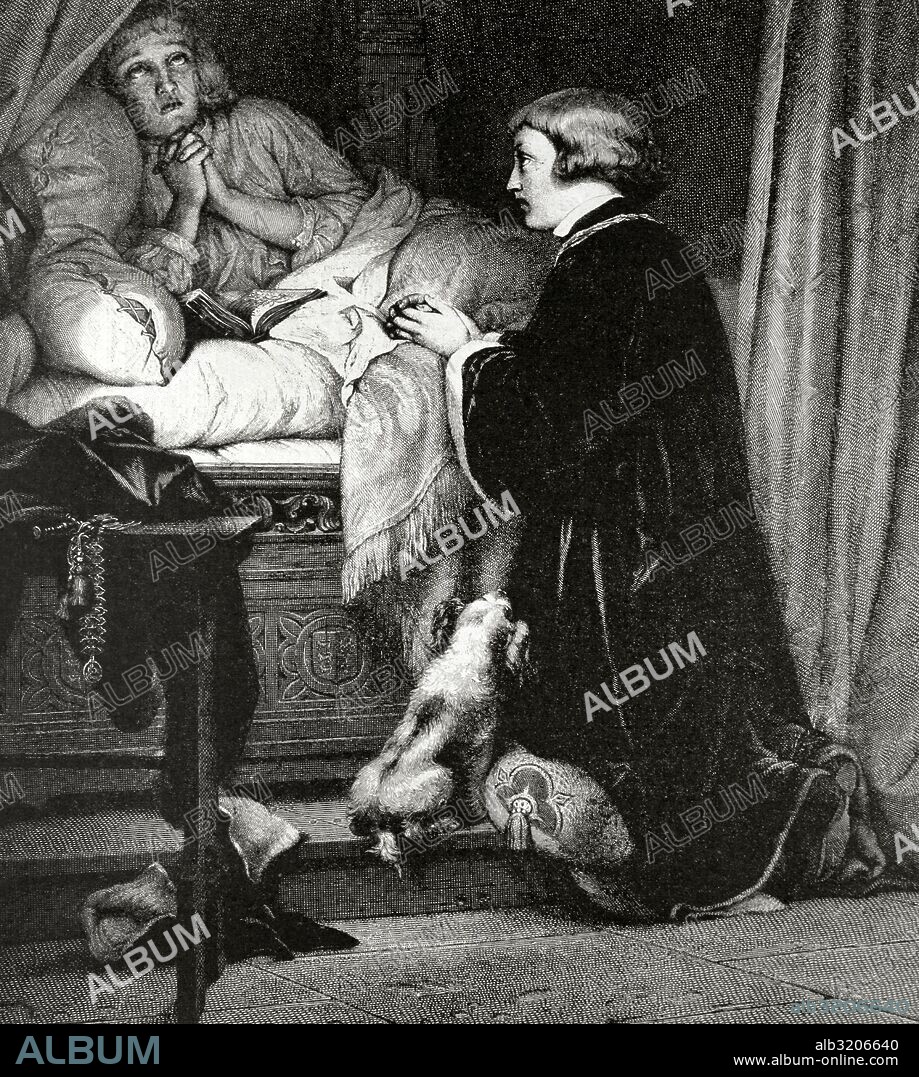 Edward V (1470-ca.1483) and his brother Richard of Shrewsbury, Duke of York (1473-ca.1483) prisoners on the Tower of London. Engraving after a painting of Paul Delaroche (1797-1856) in The Illustration, 1884.