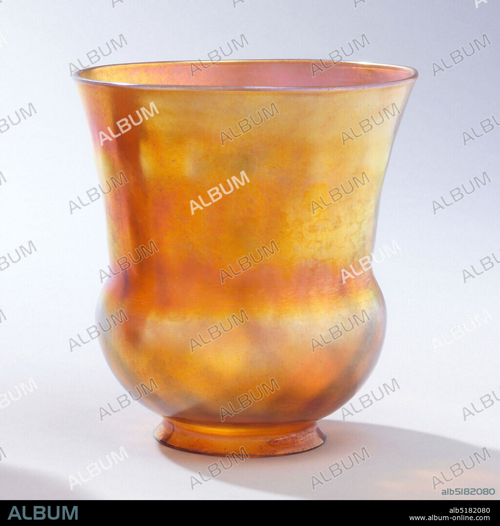 Lamp shades, Louis Comfort Tiffany, (American, 18481933), Favrile glass, (a/e) Bell-shaped iridescent glass shade for sconce. Predominantly orange-gold. Diamond pattern formed in bulging part of bell shape. Plain round lip., USA, 1907, glasswares, Decorative Arts, Lamp shades.