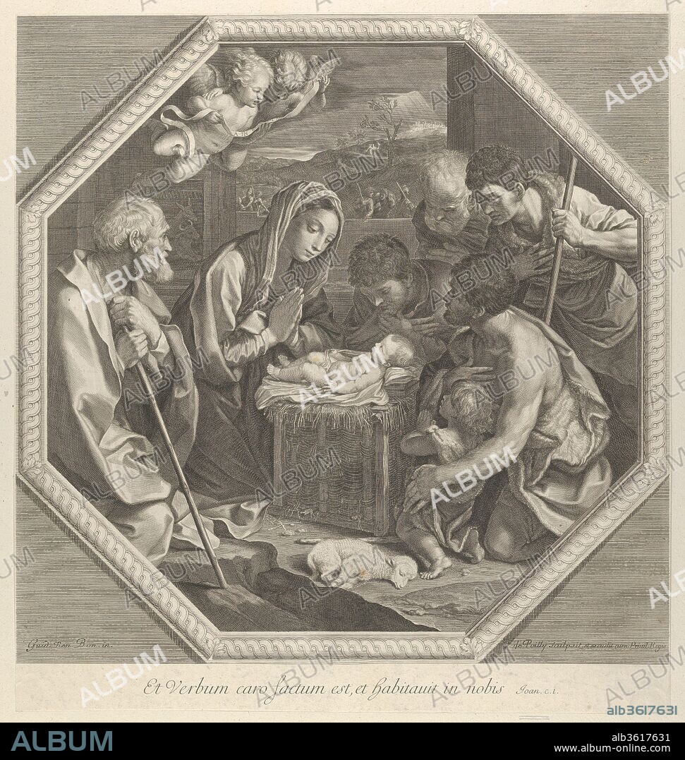 The adoration of the shepherds who kneel together at right before the infant Christ, the Virgin and Saint Joseph at left, two angels above, in an octagonal frame, after Reni. Artist: After Guido Reni (Italian, Bologna 1575-1642 Bologna). Artist and publisher: Francois de Poilly (French, Abbeville 1623-1693 Paris). Dimensions: Sheet (Trimmed): 16 7/8 × 15 13/16 in. (42.8 × 40.1 cm). Date: ca. 1655-93.
Verso is not visible as print is laid to another sheet of paper.