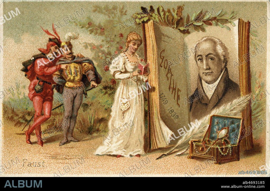 Faust de GOETHE. Mephistopheles fait rencontrer marguerite a Faus. Chromo vers 1900. Illustration anonyme. Credit : Collection IM/KHARBINE-TAPABOR.