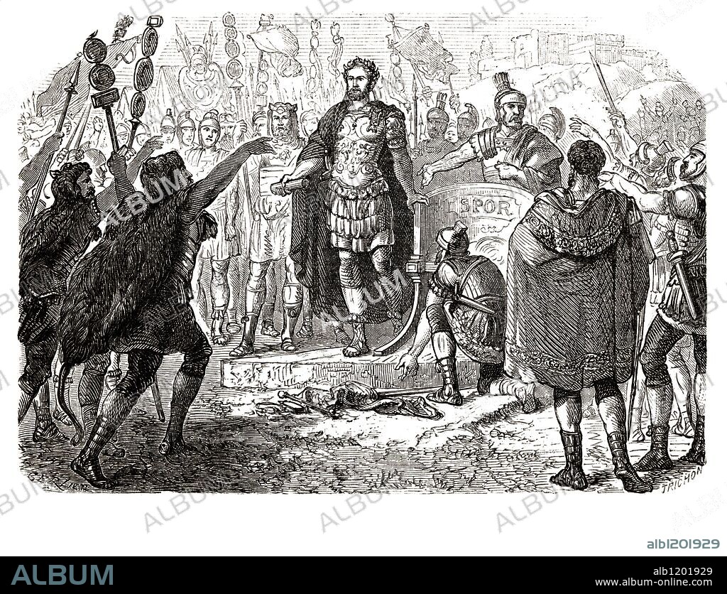 Publio Helvio Pertinax (126-193). Proclamado emperador de Roma por los legionarios romanos. Grabado de 1866.