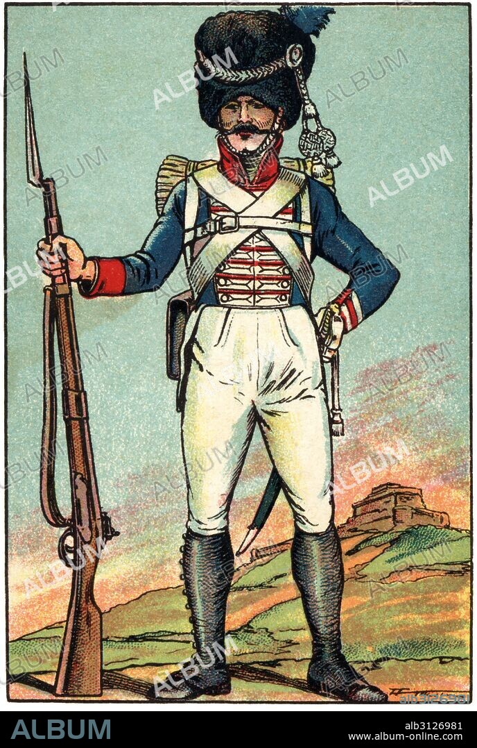 ALBERT MESTRE MORAGAS. Traje de granadero del ejército de Napoleón Bonaparte durante la campaña de Rusia en el siglo XIX. Cromo de Chocolates Juncosa. Años 1920.