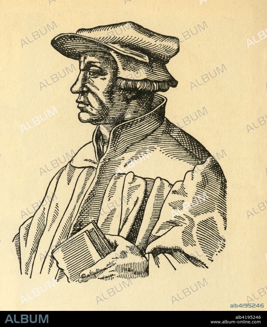 'Ulrich Zwingli', (1933). Portrait of Swiss humanist and reformer Ulrich Zwingli (1484-1531), who was Chaplain to Swiss forces during the Second War of Kappel when he was killed in battle. From "Gestalten Der Weltgeschichte", a book of cigarette-card portrait miniatures of figures in world history from the last four hundred years. [Germany, 1933].