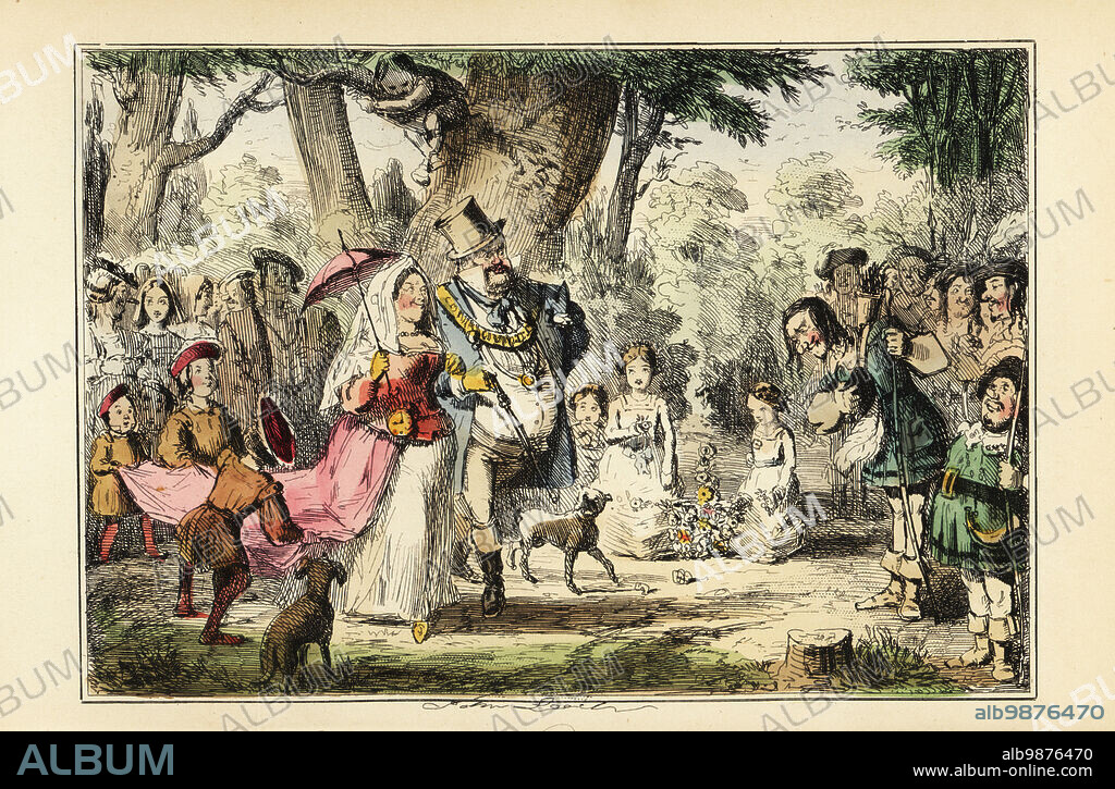 King Henry VIII of England celebrating May Day with his first queen Catherine of Aragon, circa 1509. He is dressed in anachronistic Victorian outfit of top hat, coat, chain breeches and boots. Catherine wears a veil and dress with long train held by pages. King Henry VIII and his queen Out a-Maying. Handcoloured steel engraving after an illustration by John Leech from Gilbert Abbott ABecketts Comic History of England, Bradbury, Agnew & Co., London, 1880.