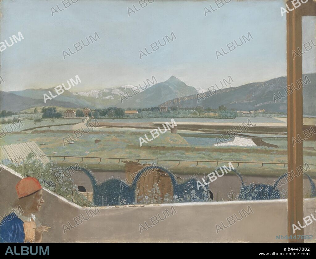 View toward the Mont Blanc Massif from the Artist's Studio at Geneva, with a Self-portrait View of the Mont Blanc massif from the artist's studio in Geneva, with self portrait, View from the studio of artist at Geneva. Landscape with fields and some country houses, mountains in the distance. In the foreground a self-portrait of Jean Etienne Liotard with a pen in his hand. Part of the pastels, mountains, portrait, self-portrait or painter collection, Geneva, Mont Blanc, Jean-Etienne Liotard, 1765 - 1770, parchment (animal material), h 46 cm × w 59.7 cm w 6 kg.