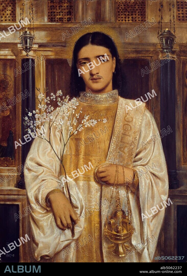 A Saint of the Eastern Church (formerly called A Greek Acolyte), 1867-68 Artist: Simeon Solomon, Presented by Kate and Myra Bunce, 1900., Art Movement, Pre-Raphaelite, 19th Century, Religion, Christian, Male, Religion, Saint, Person, Young.