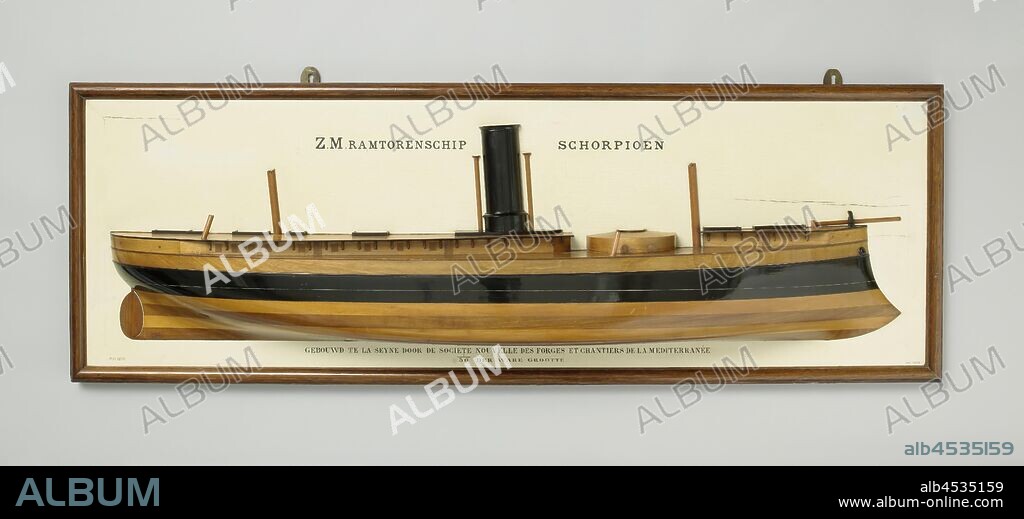 Half Model of an Ironclad Ram Ship, Stacking and Block Model (starboard) of a two-mast ram tower ship. Pointed ramsteven, cruiser with balance rudder with rudder blade rounded front and rear, there is a hole for one of the two porpellor shafts. On deck two deck houses, one at the front and one at the back, both narrow at the turret between them and wider towards the stevens, the chimney on the rear deck house. The masts are Coles three-legged masts, partly indicated on the model. Scale 1:50 (scale on model), ship model, Toulon, England, Nieuwediep, Hellevoetsluis, Flushing, Gorinchem, Den Helder, Middelburg, Scorpio (ship), Société Nouvelle de Forges et Chantiers de la Mediterranée (mentioned on object), 1868, wood (plant material), h 47.3 cm × w 138.5 cm × d 14.5 cm.
