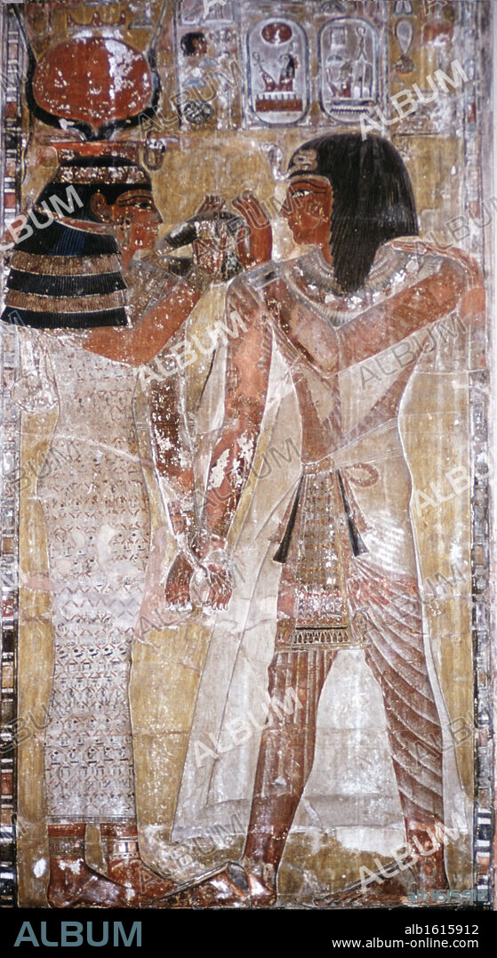 EGYPTIAN ART. Goddess Hathor Giving the Magic Necklace to Seti I  Painting.