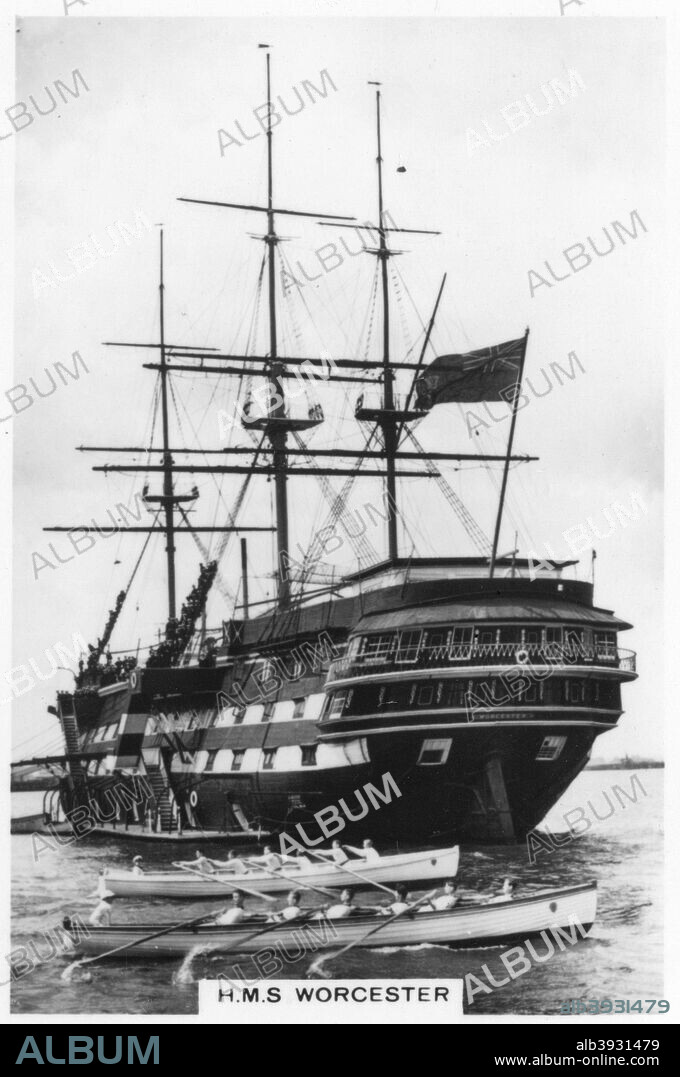 HMS 'Worcester', 1937. The school ship of the Thames Nautical Training College. Cigarette card from The Navy series, produced by Senior Service Cigarettes, 1937.