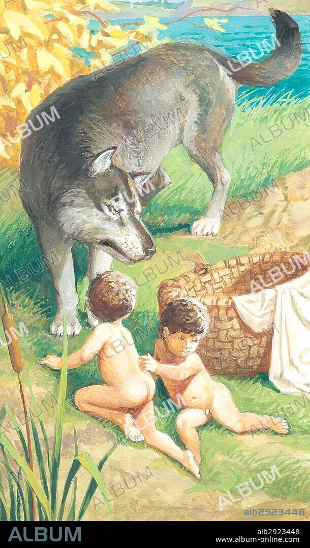 Creative illustration. History of Rome . Ancient Rome. The legend of Romulus and Remus saved by the wolf on the river Tiber.