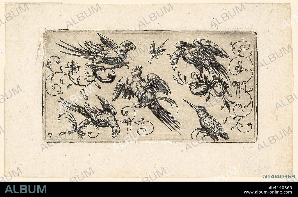 Ornament Panels with Birds: Plate 7. Adrian Muntink; Dutch, active 1597-1617. Date: 1617. Dimensions: 51 x 97 mm (plate). Engraving in black on paper. Origin: Netherlands.