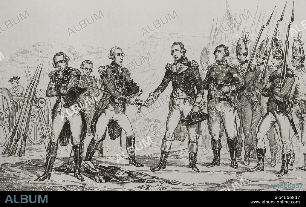 American Revolution. British General John Burgoyne's surrender after the Battlle of Saratoga on 17 October 1777. Engraving by Vernier. Panorama Universal. History of the United States of America, from 1st edition of Jean B.G. Roux de Rochelle's Etats-Unis d'AmŽrique in 1837. Spanish edition, printed in Barcelona, 1850.